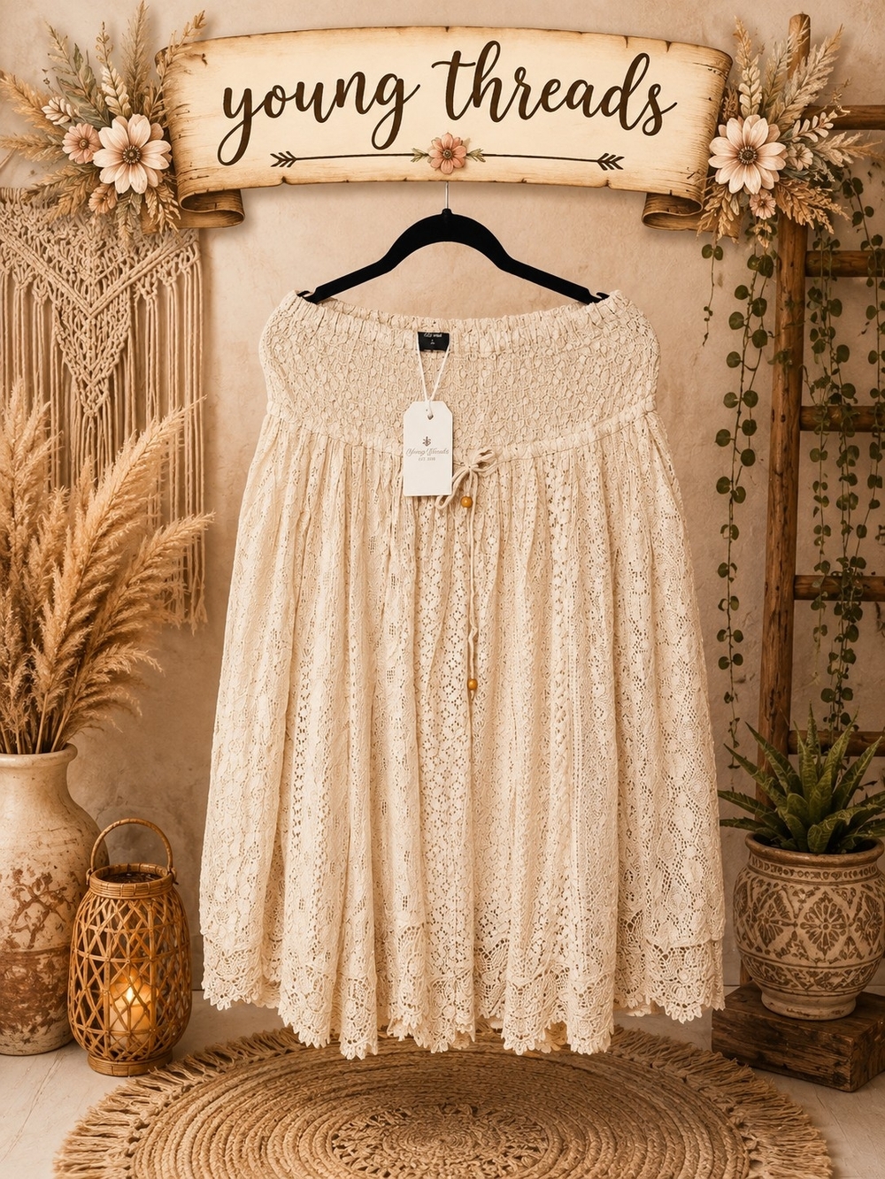 Young Threads Cream Lace Midi Skirt